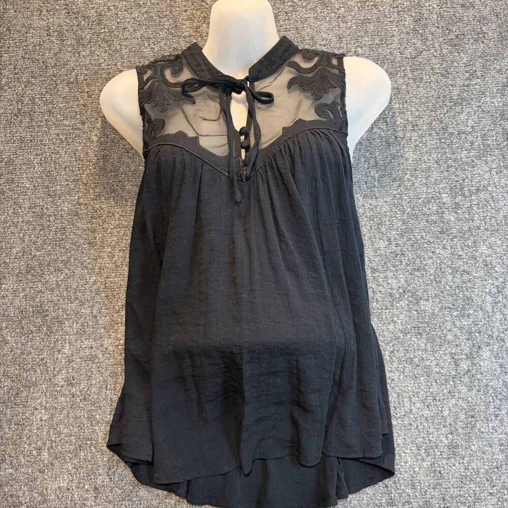 Free People Black Floral Lace Yoke Sleeveless Babydoll Swing Tunic Top Size M